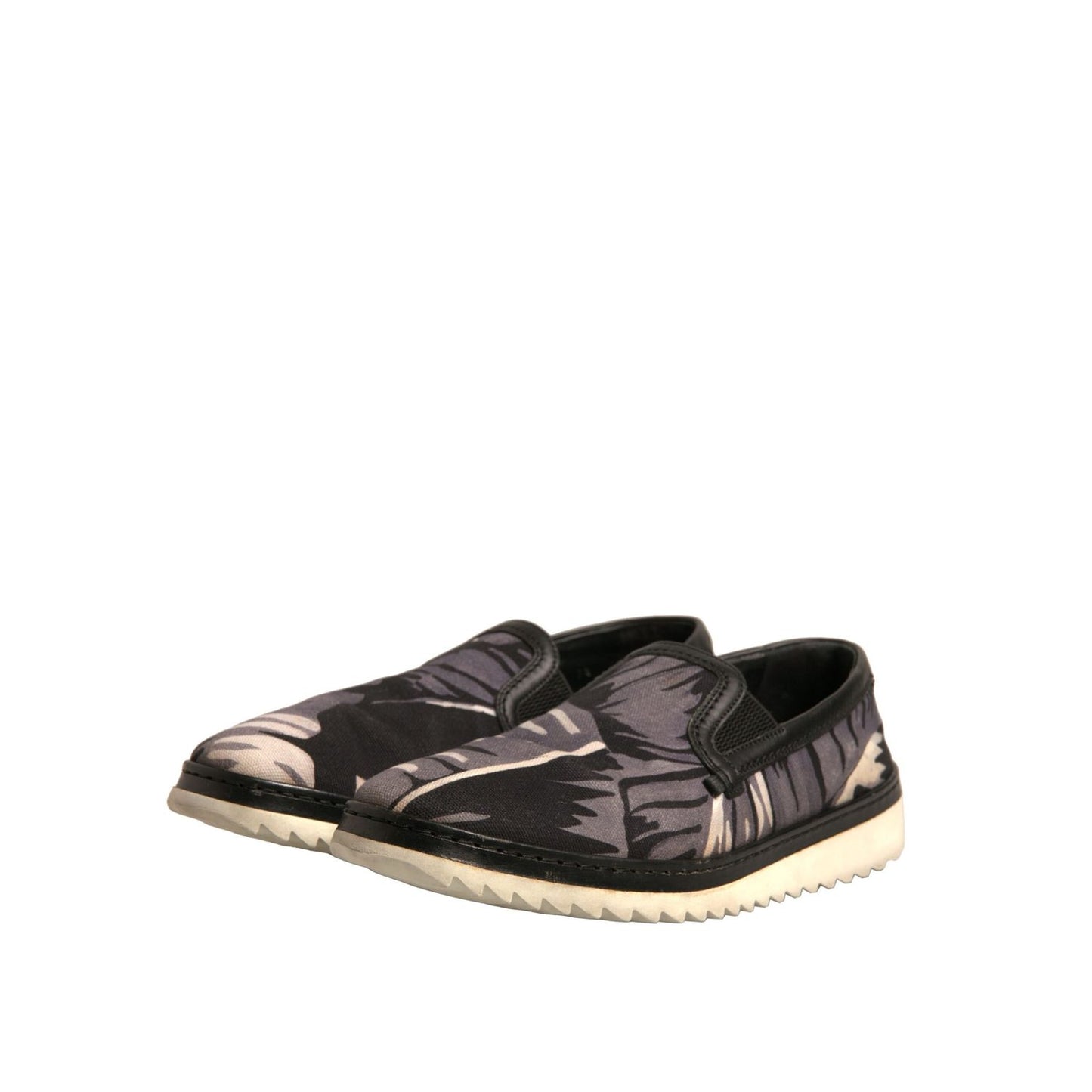Dolce & Gabbana Black Canvas Tropical Print Slip On Shoes
