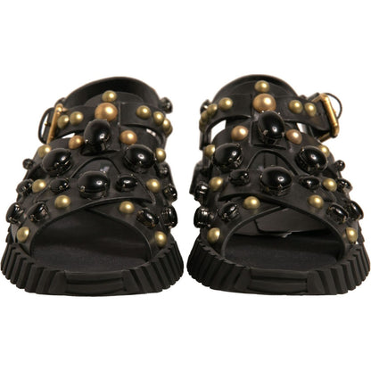 Dolce & Gabbana Black Leather Studded Slides Sandals Shoes