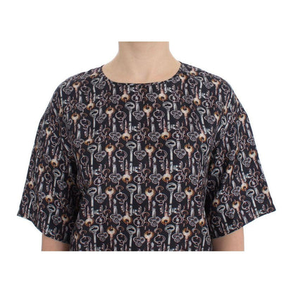 Dolce & Gabbana Gray Gold Key Print Silk Blouse T-shirt