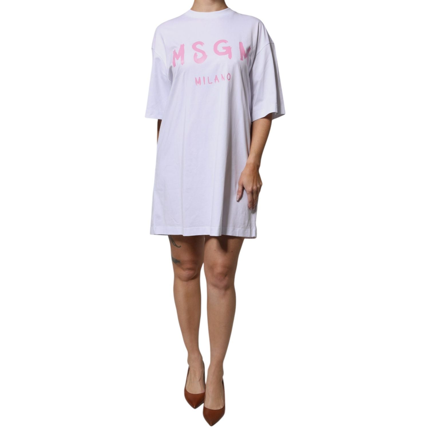 MSGM White Logo Print Cotton T-shirt Short Sleeves Mini Dress
