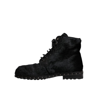 Dolce & Gabbana Black Pony Style Leather Mid Calf Boots Shoes