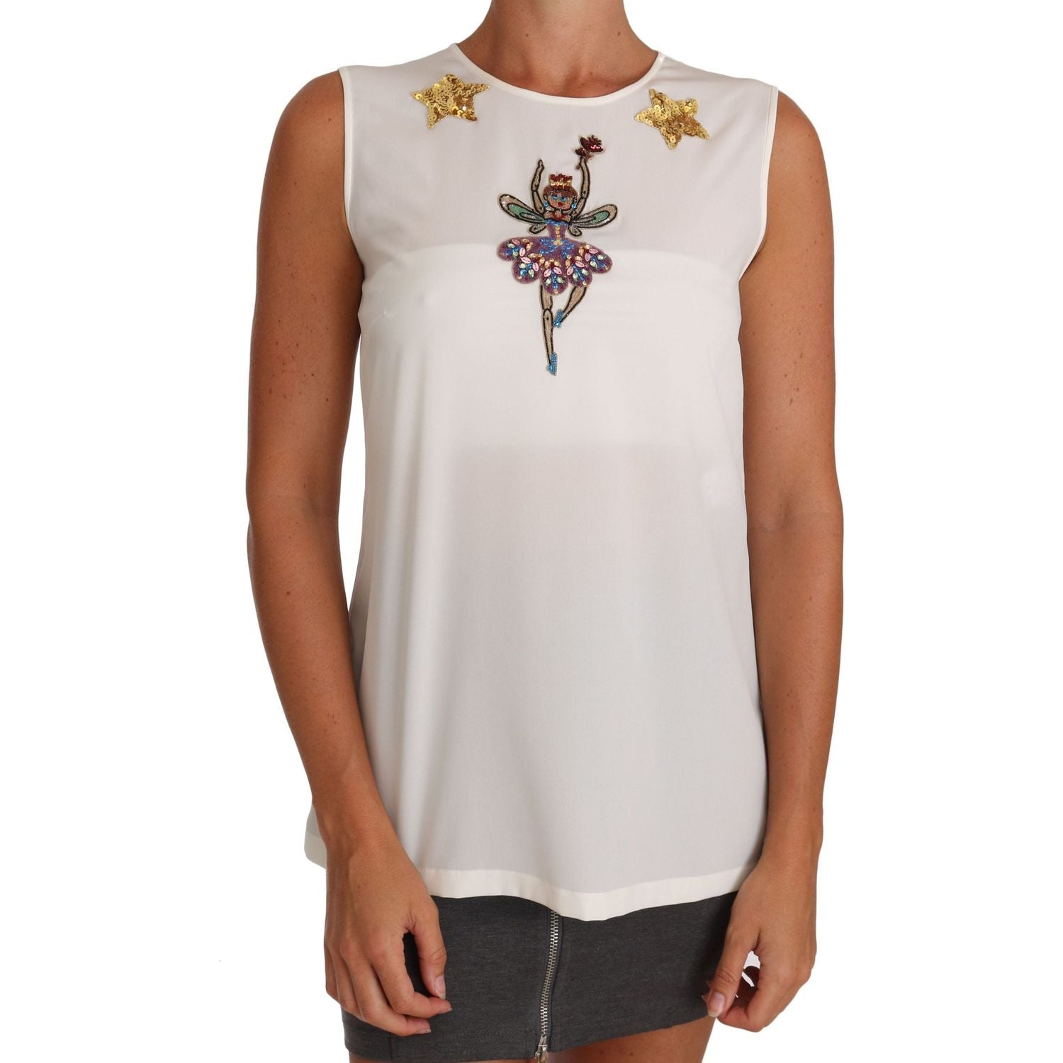 Dolce & Gabbana White Silk Embellished Crystal Sequin Fairy Top
