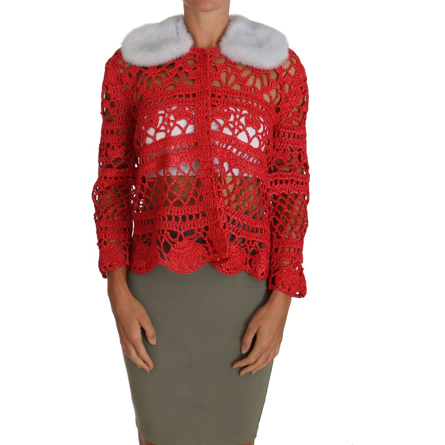 Dolce & Gabbana Elegant Red Crochet Knit Cardigan with Fur Collar Dolce & Gabbana