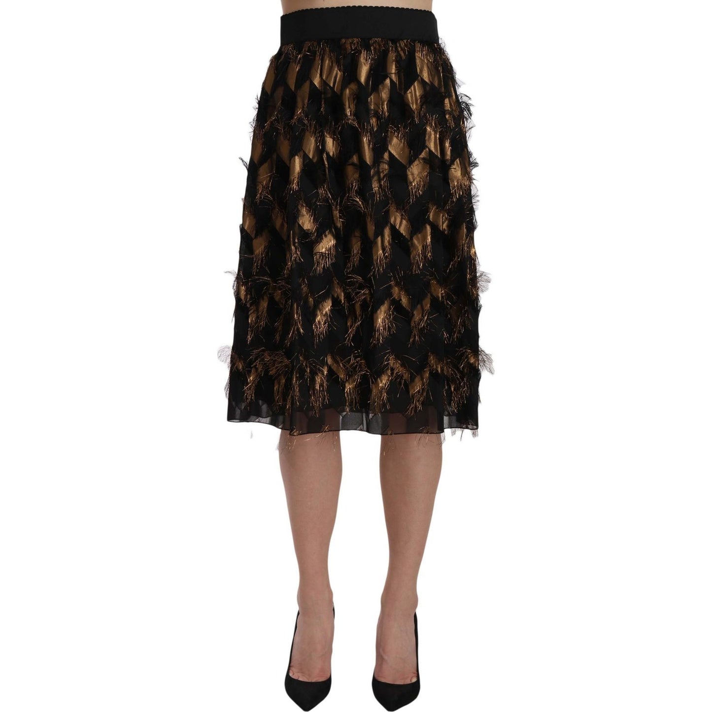 Dolce & Gabbana Elegant Gold Black Silk Blend High Waist Skirt Dolce & Gabbana