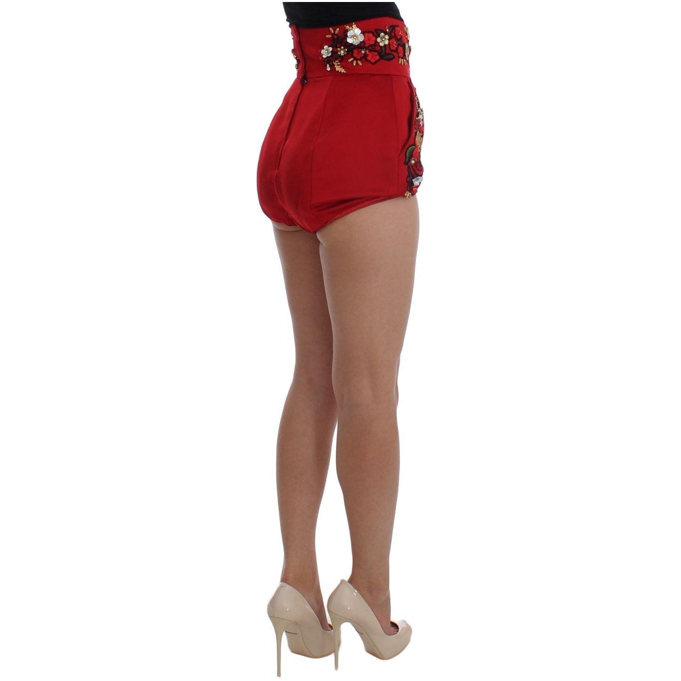 Dolce & Gabbana Red Silk Crystal-Embellished High Waist Shorts Dolce & Gabbana