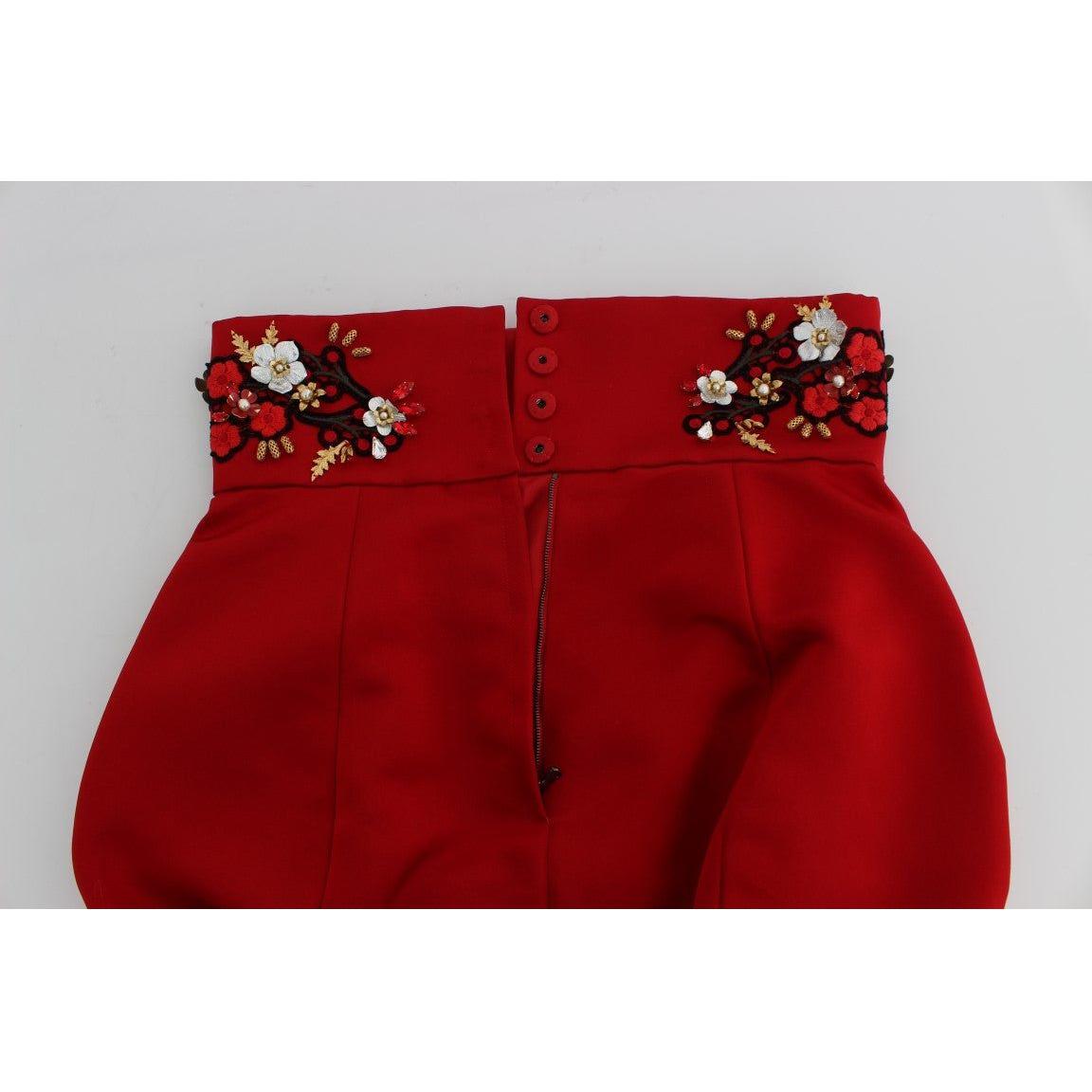 Dolce & Gabbana Red Silk Crystal Roses Shorts