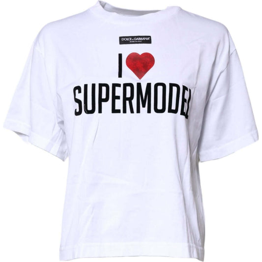 Dolce & Gabbana White Printed Round Neck Top Cotton T-shirt