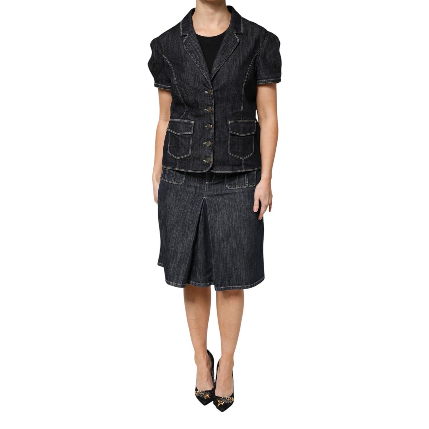 Escada Black Cotton Blend Denim Top Skirt Casual Set Escada