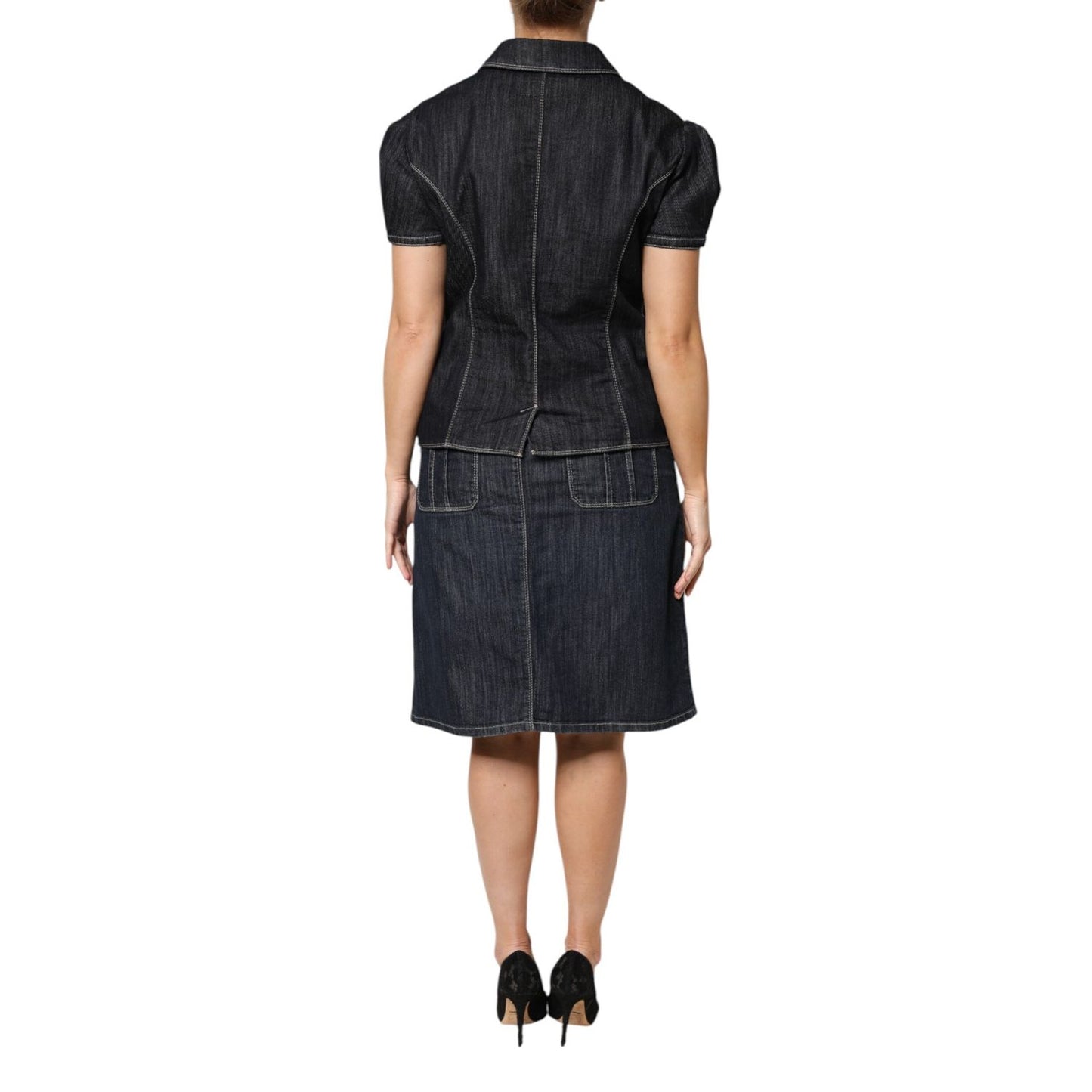 Escada Black Cotton Blend Denim Top Skirt Casual Set Escada