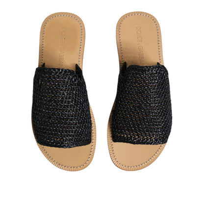 Dolce & Gabbana Black Monochrome Braided Raffia Slides Shoes
