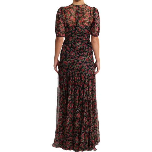 Dolce & Gabbana Elegant Black Silk Floral A-Line Gown Dolce & Gabbana