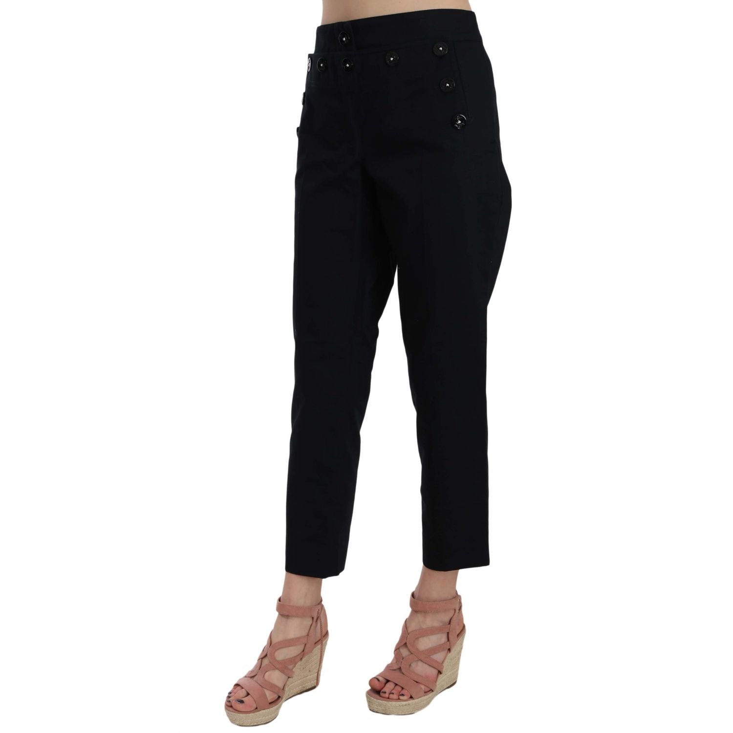 Dolce & Gabbana Black Cropped Front Button Embellished Pants
