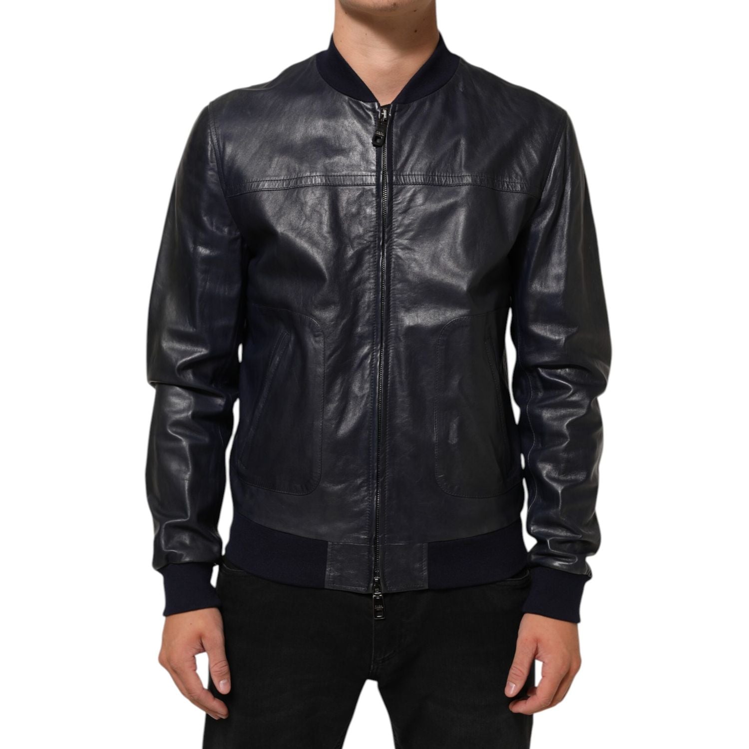Dolce & Gabbana Blue Leather Full Zip Biker Blouson Jacket