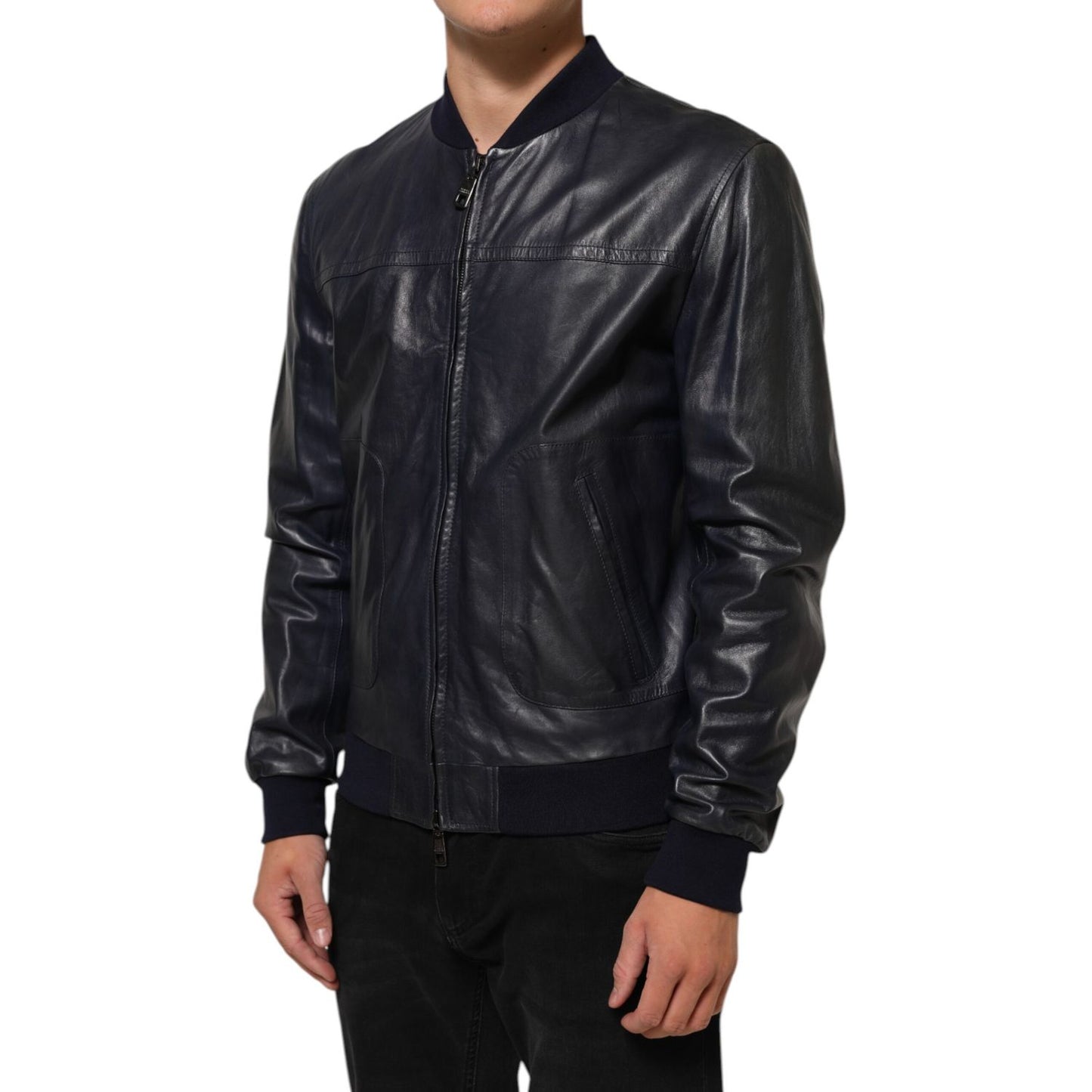 Dolce & Gabbana Blue Leather Full Zip Biker Blouson Jacket