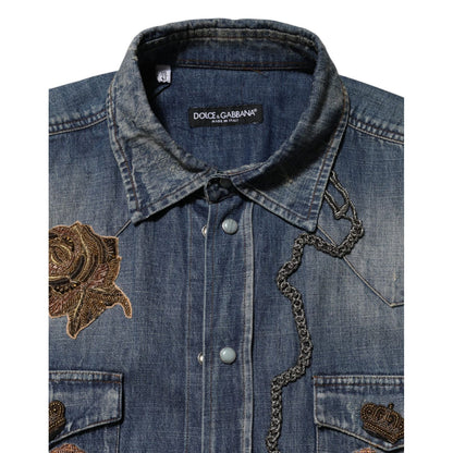 Dolce & Gabbana Blue Angel Patch Denim Buttoned Down Men Shirt