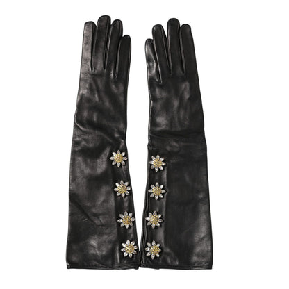 Dolce & Gabbana Black Leather Embellished Long Mitten Gloves