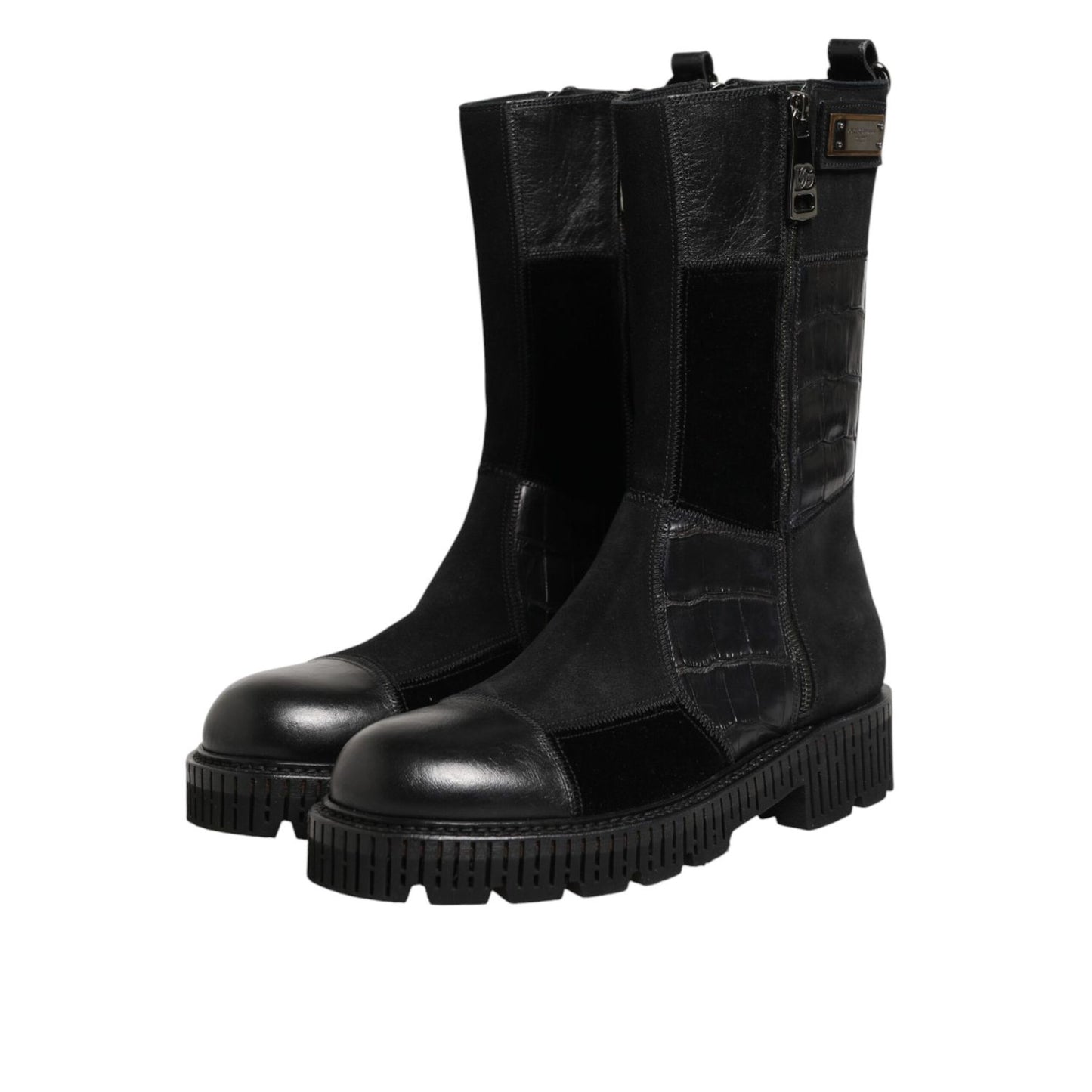 Dolce & Gabbana Black Patchwork Leather Mid Calf Boot Shoes