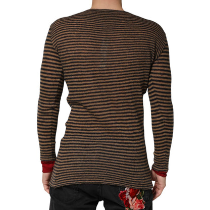 Daniele Alessandrini Brown Black Stripes Wool Crew Neck Pullover Sweater