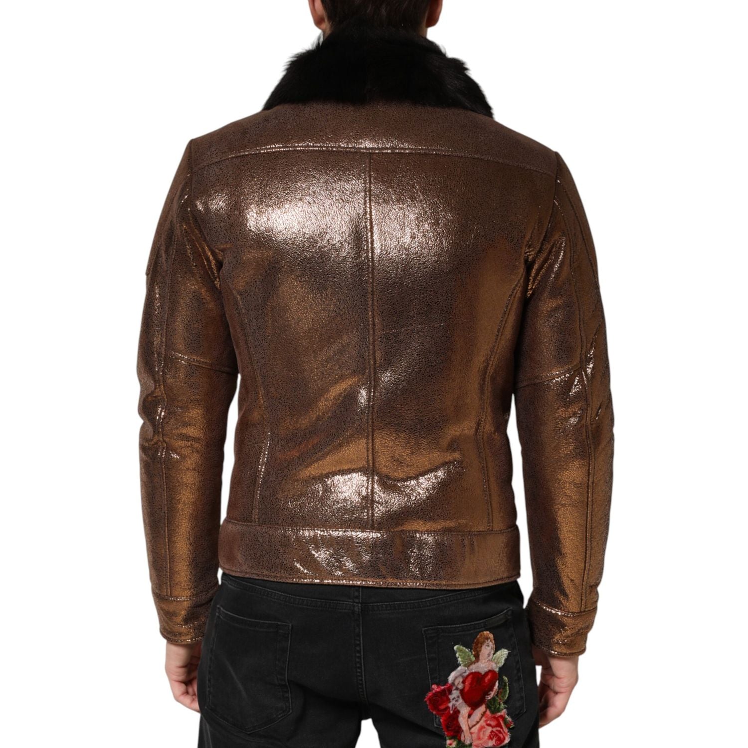 Dolce & Gabbana Bronze Leather Fur Full Zip Men Biker Jacket
