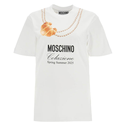 Moschino white cotton t-shirt with croissant and pearls print Topwear Moschino