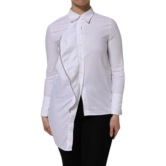 AGLINI White Cotton Collared Long Sleeves Ruffle Top Shirt 1728,67345645728,AGLINI,Clothing,Dress Shirts - Shirts - Clothing,IT38 | XS,Material: 97% Cotton 3% Elastane,New with tags,Shirts - Clothing,Shirts - Women - Clothing,White,Women,Women - Clothing