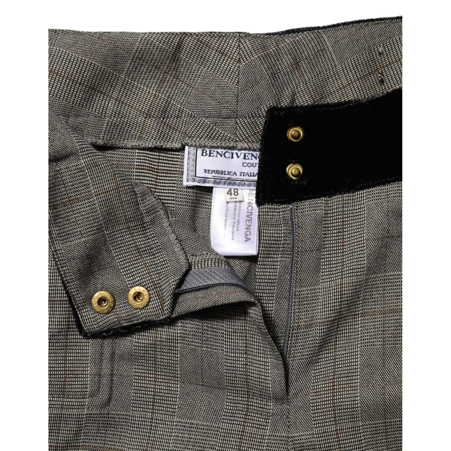 BENCIVENGA Gray Wool Blend Plaid Straight Leg Velvet Waist Pants