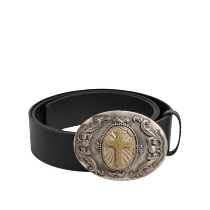 Dolce & Gabbana Black Leather Ornate Metal Buckle Men Belt