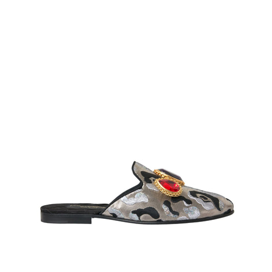 Dolce & Gabbana Gray Jacquard Crystal Mule Flat Sandals Shoes