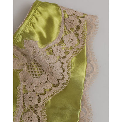 Dolce & Gabbana Green Silk Satin Floral Lace Trim Panty Underwear