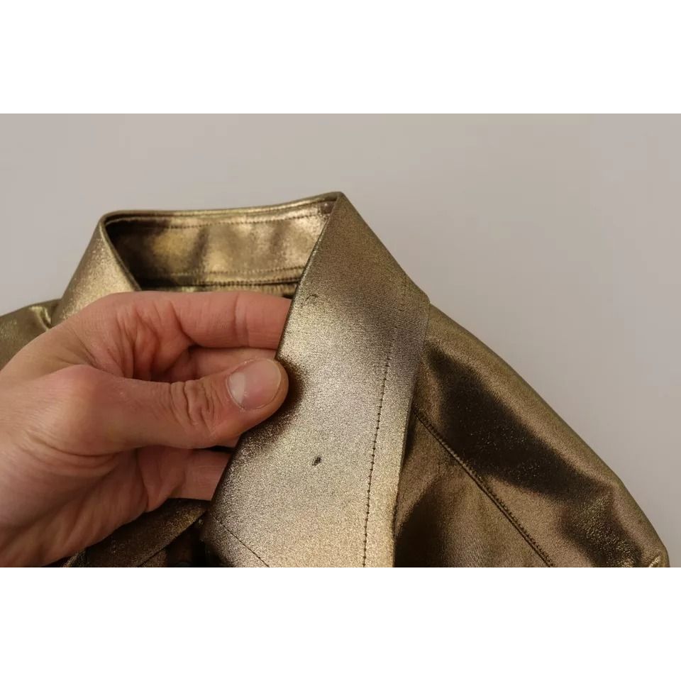 Dolce & Gabbana Metallic Gold DG Embroidered Crown Silk Top Shirt