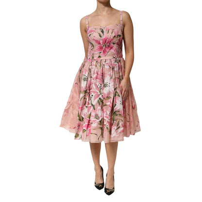 Dolce & Gabbana Pink Cotton Floral Pleated Sleeveless Dress