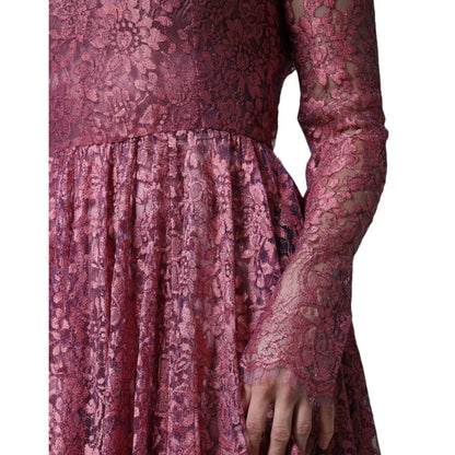 Dolce & Gabbana Pink Floral Lace Long Sleeve Midi Dress