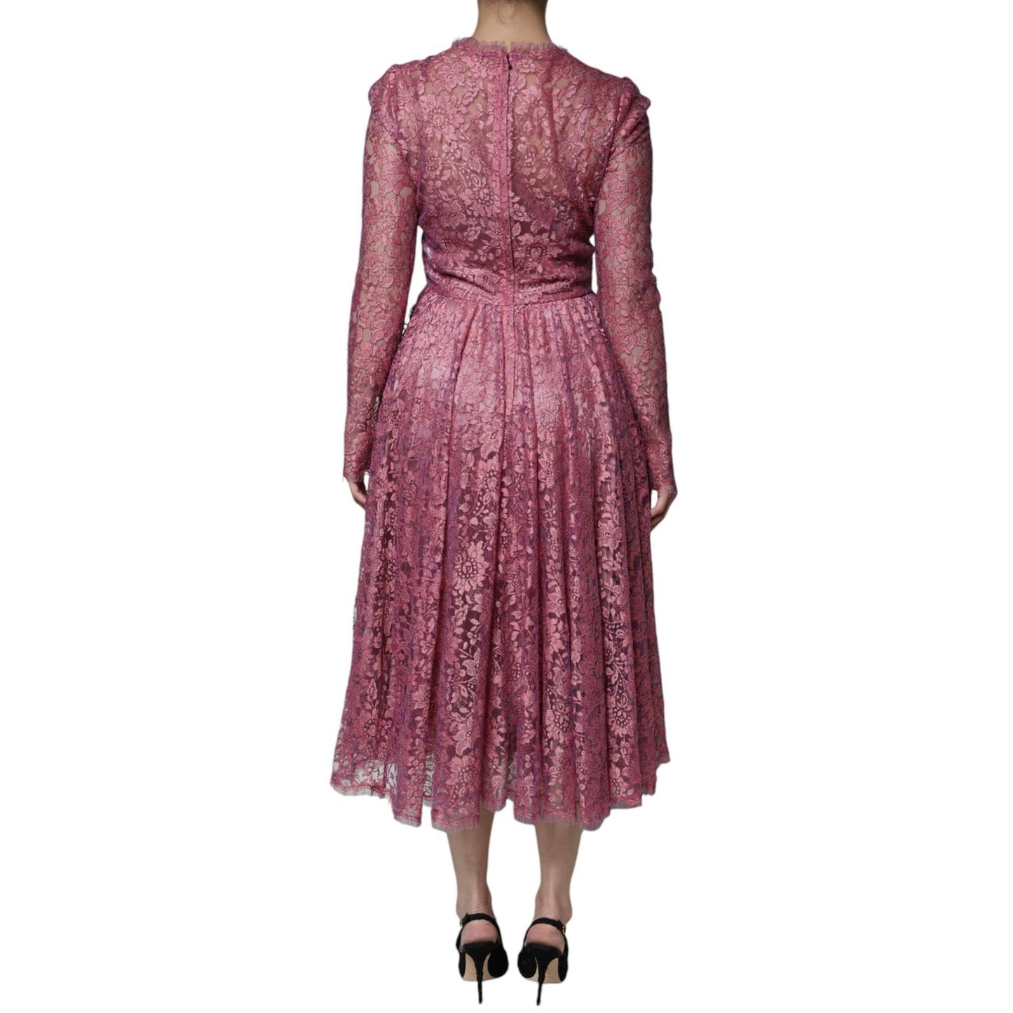 Dolce & Gabbana Pink Floral Lace Long Sleeve Midi Dress