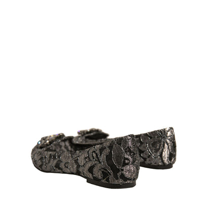 Dolce & Gabbana Silver Crystal Loafer Lace Ballet Flats Shoes
