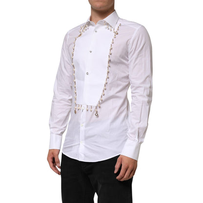 Dolce & Gabbana White Cotton DG Logo Pearl Chain Formal Shirt