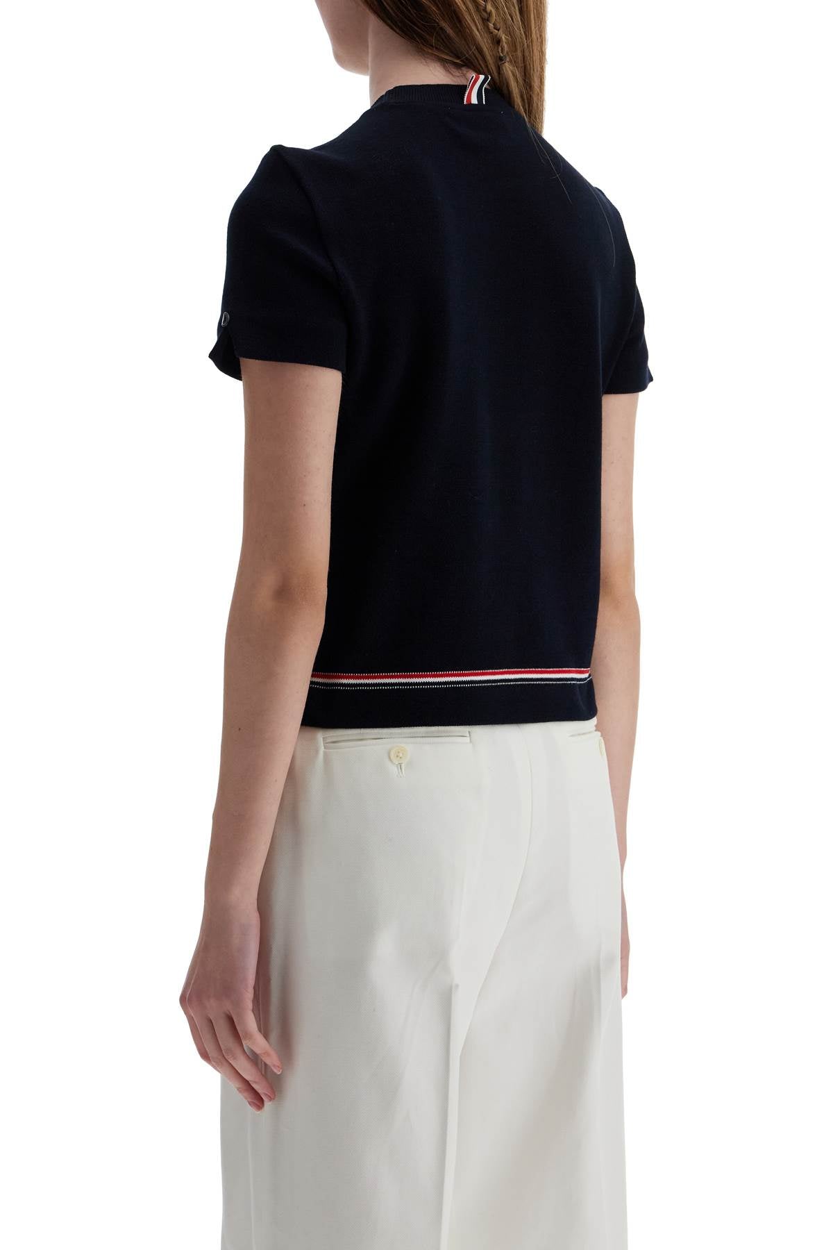 Thom Browne navy blue piqué cotton t-shirt with tricolor stripe Topwear Thom Browne