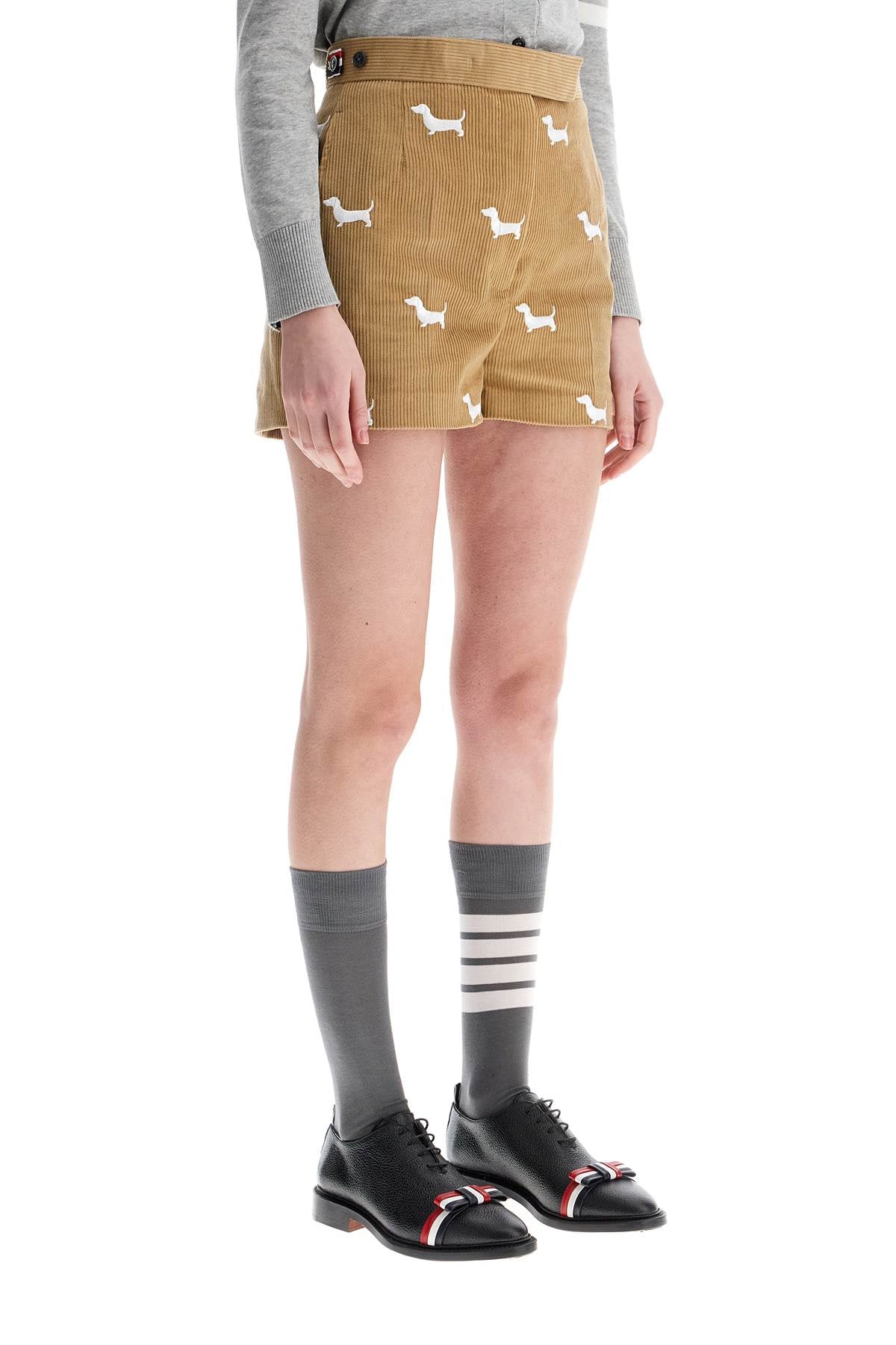 Thom Browne khaki corduroy shorts with white dog pattern Short trousers Thom Browne