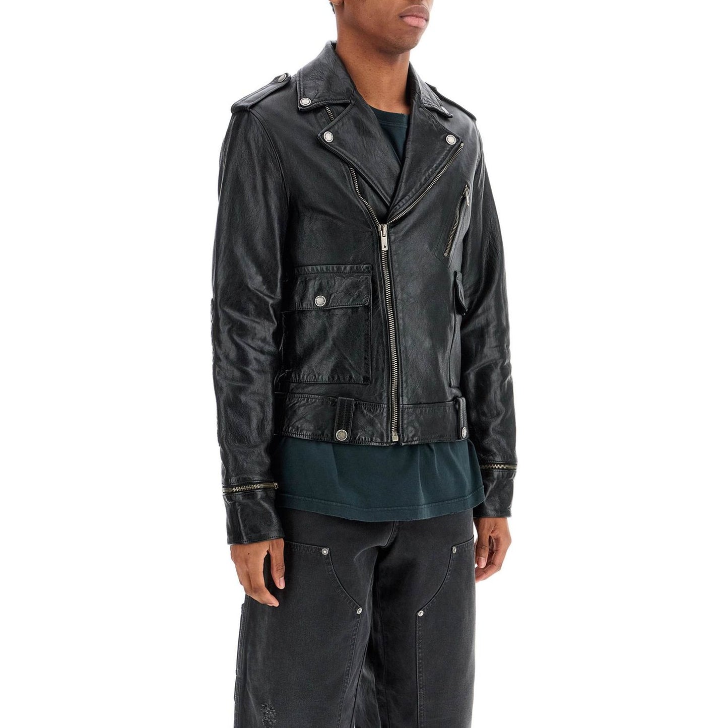 Golden Goose black waxed leather biker jacket with zip