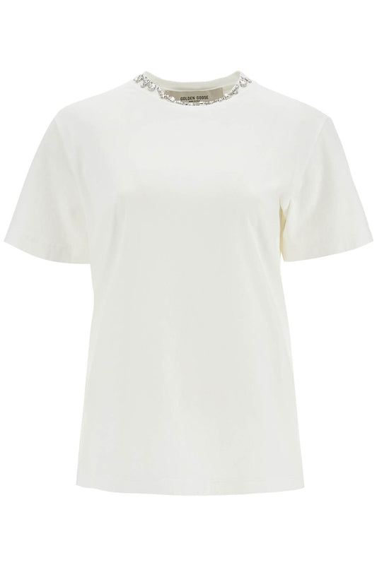 Golden Goose vintage white cotton t-shirt with rhinestone embroidery Topwear Golden Goose