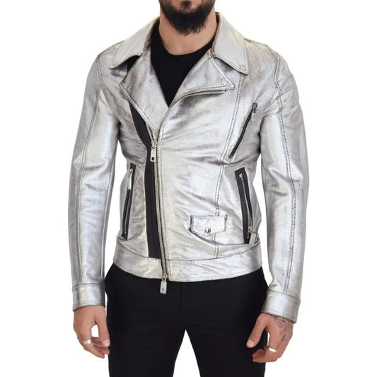 Silver Leather Biker Coat Lambskin Jacket Dolce & Gabbana