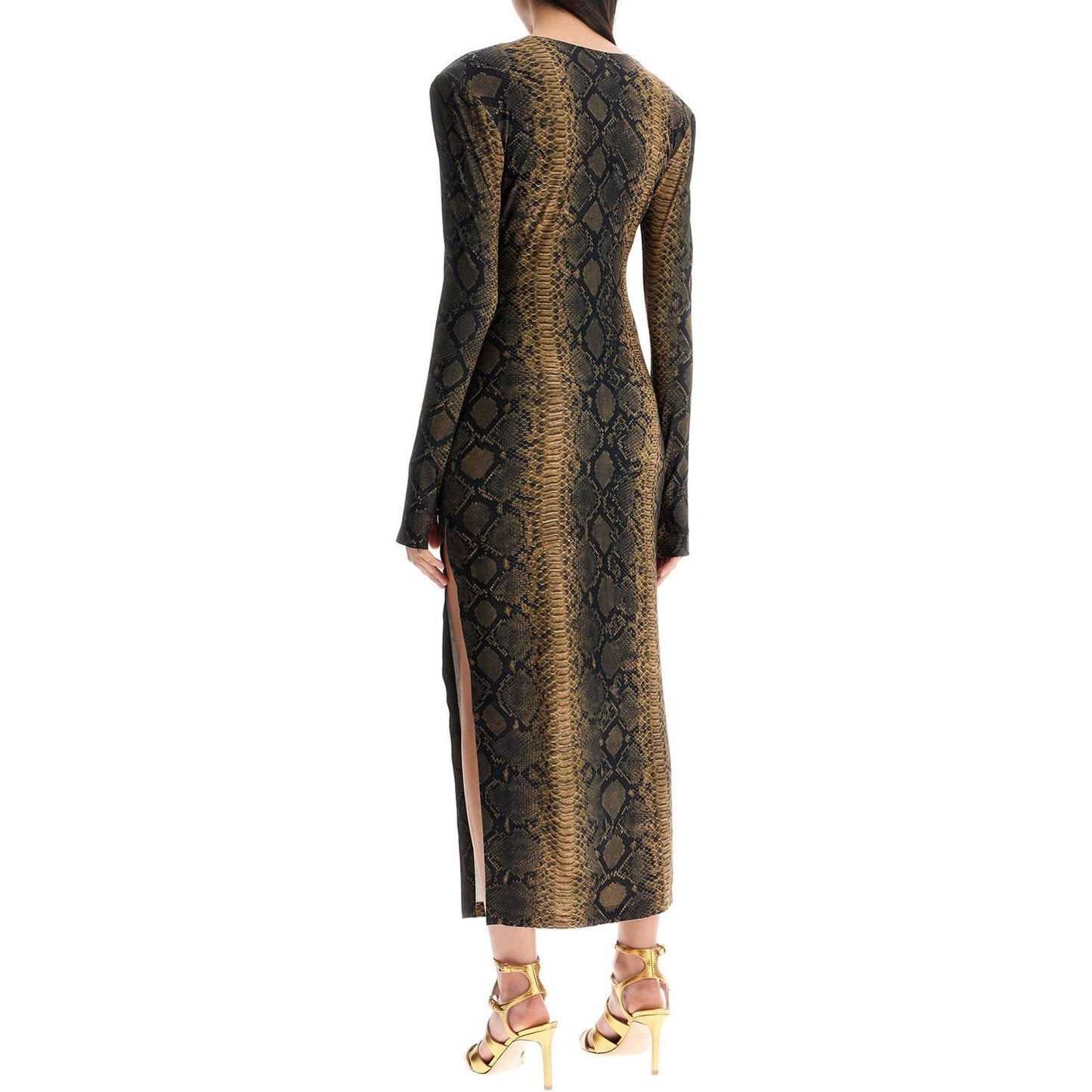 Norma Kamali brown slim fit long python effect dress