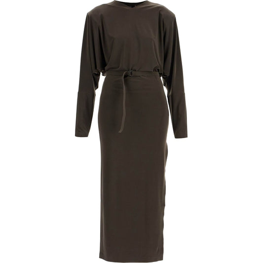 Norma Kamali brown midi slim long dress with v-neck and side slit