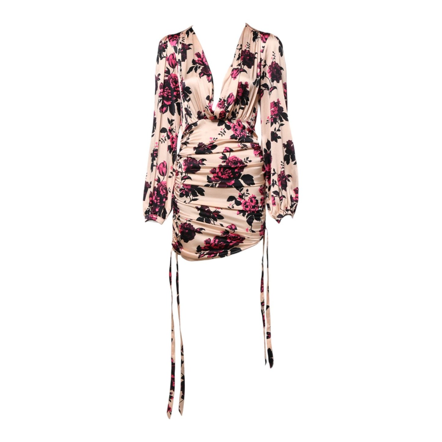 Laneus Pink Floral Silk Long Sleeves V-neck Ruched Mini Dress Laneus