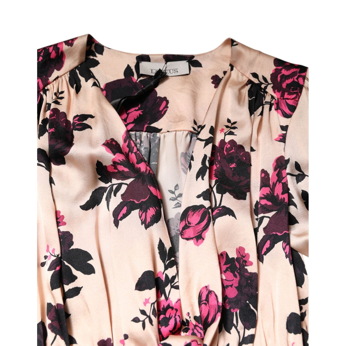 Laneus Pink Floral Silk Long Sleeves V-neck Ruched Mini Dress Laneus