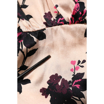 Laneus Pink Floral Silk Long Sleeves V-neck Ruched Mini Dress Laneus