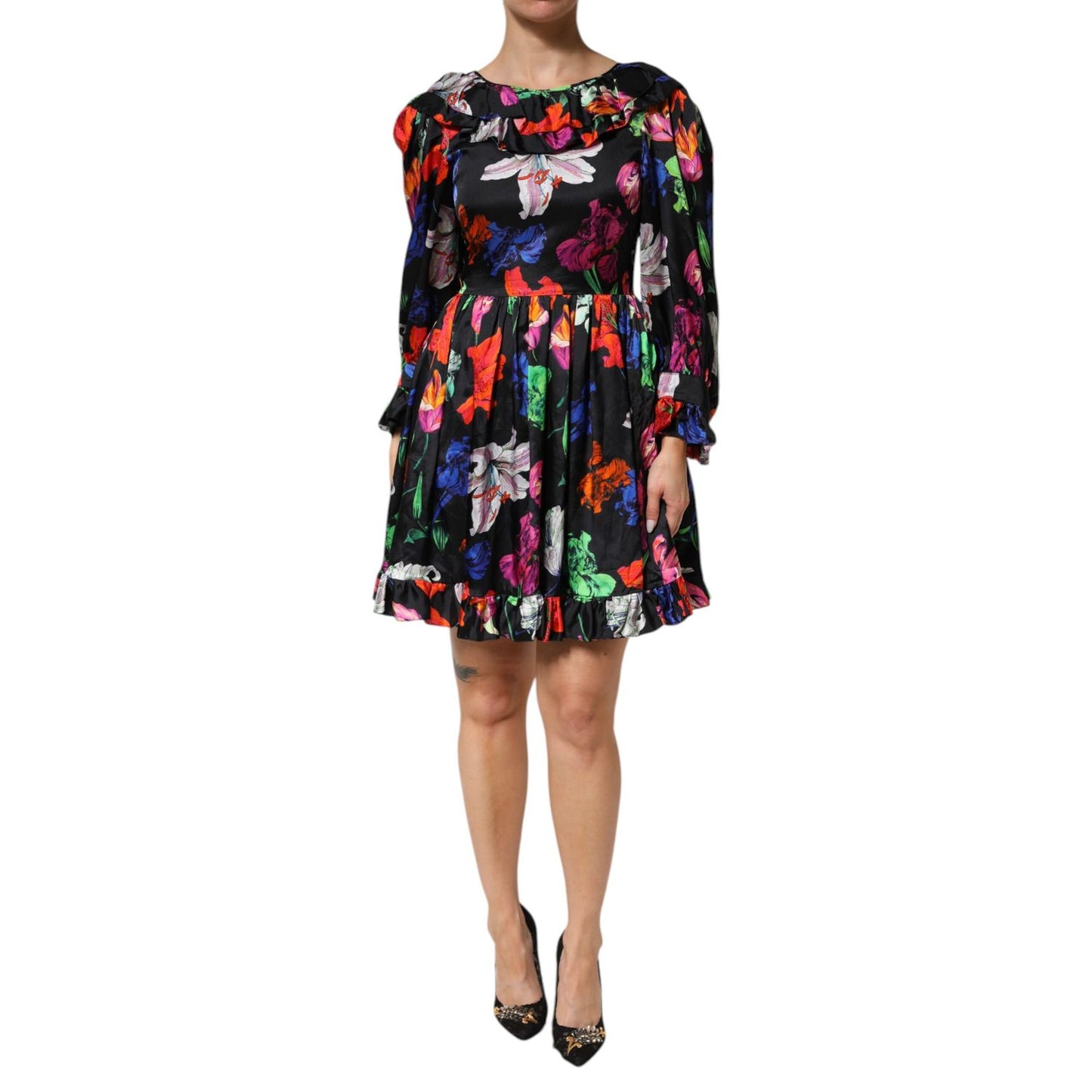 MSGM Dress Black Multicolor Floral Ruffle Long Sleeve Mini Dress MSGM