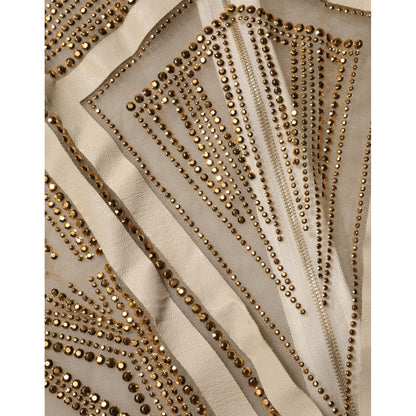 Mangano White Beige Mesh Crystal Embellished Sleeveless Jumpsuit Mangano