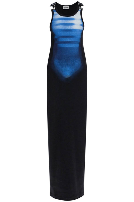 JEAN PAUL GAULTIER long fitted sleeveless dress in black and blue ribbed cotton Dresses JEAN PAUL GAULTIER