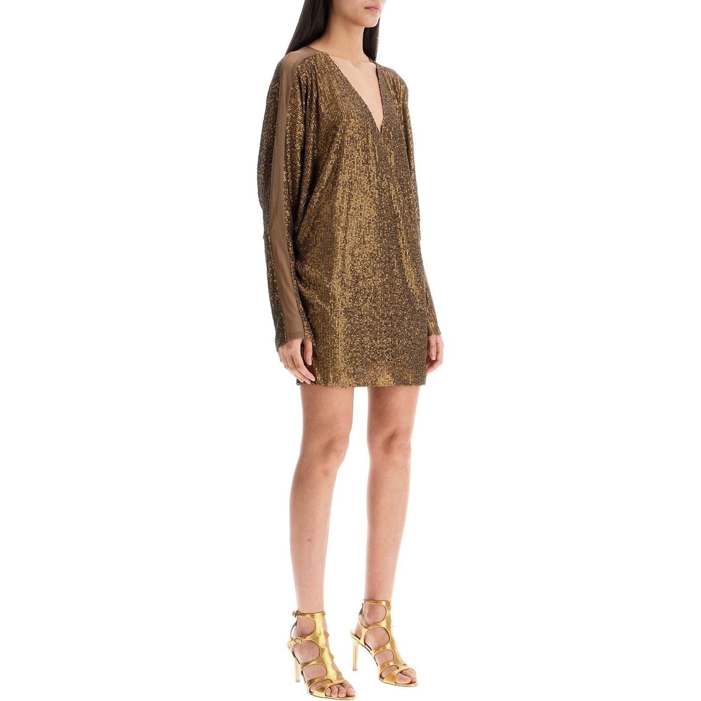 Norma Kamali mini wrap dress with v-neck long sleeves shimmering bronze cocktail