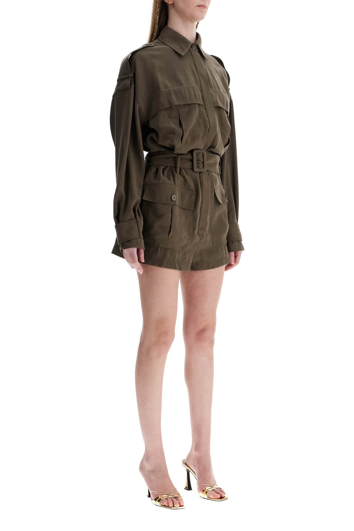 THE ANDAMANE khaki viscose short jumpsuit with adjustable waist Jumpsuits THE ANDAMANE